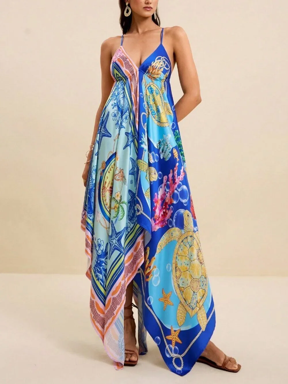 Multicolor Boho Women's V-Neck Spaghetti Strap Ocean Print Maxi Beach Dress_3